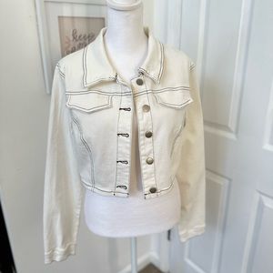 Winter White Stretch Denim Jacket women’s Medium cropped length - NWT